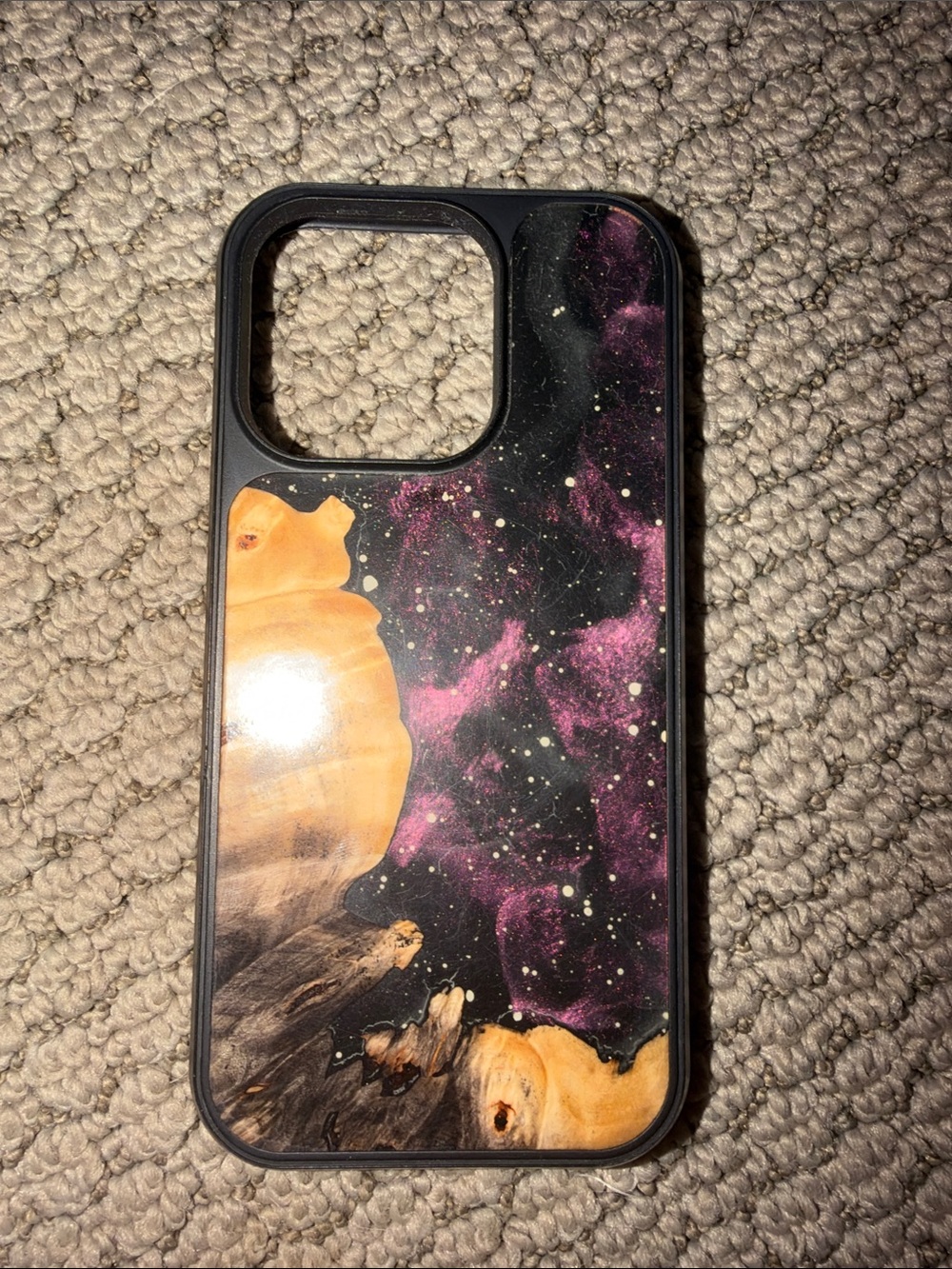 Carved: iPhone 16 Pro Purple Galaxy Wood Traveler Phone Case, Glow in the Dark
